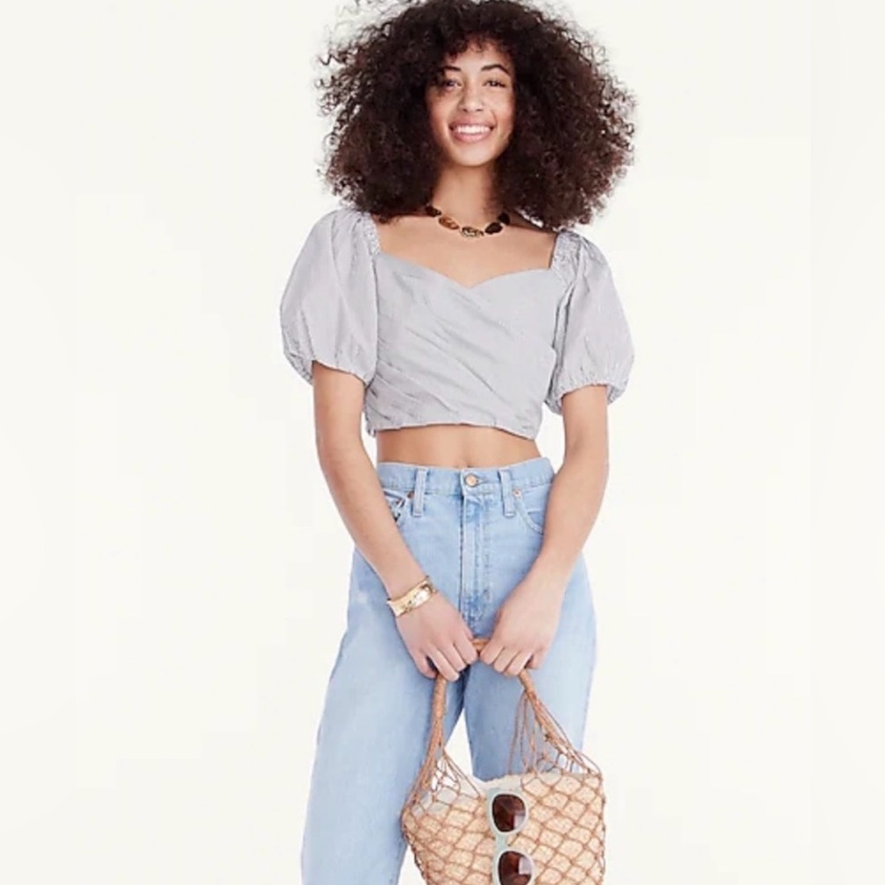 J. Crew Puff-sleeve organic cotton cropped top in stripe like new sweetheart XS